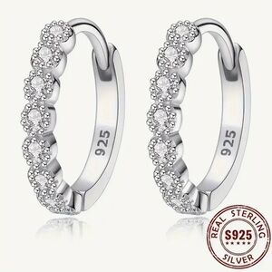 925 Sterling Silver Huggie Hoop Earrings with 7 Inlaid Zirconia Stones